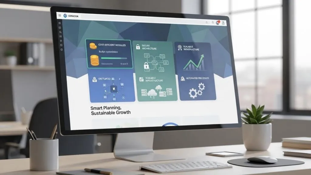 Affordable web portal development strategies shown through a streamlined dashboard highlighting cost efficiency, security, and scalability.
