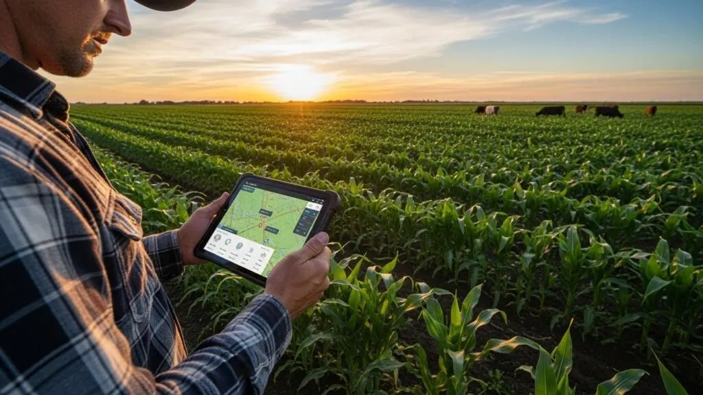 Agribusiness professional using mobile agribusiness automation software in the field