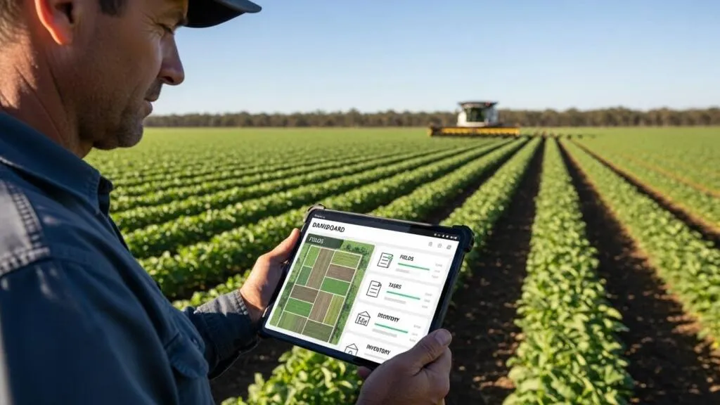 Automated farm management software dashboard used to plan and track daily farm operations