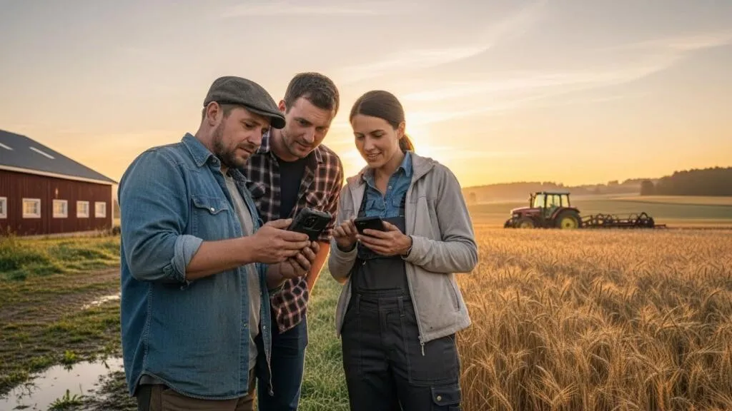 Farm workers using mobile automated farm management software to receive tasks and record work