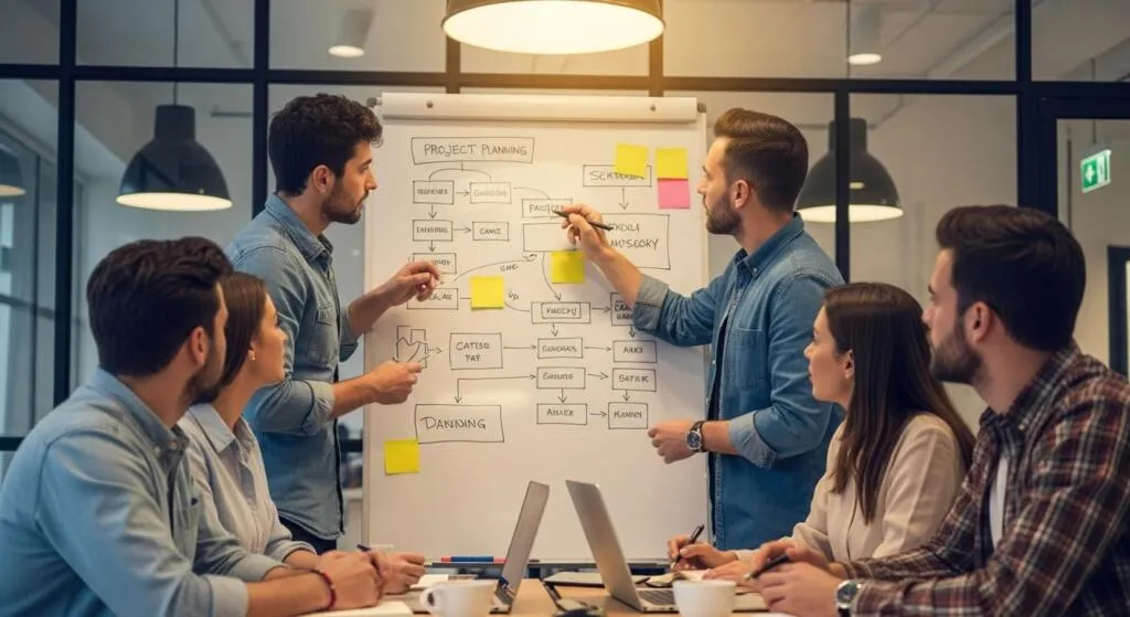 Team planning software project goals on a whiteboard