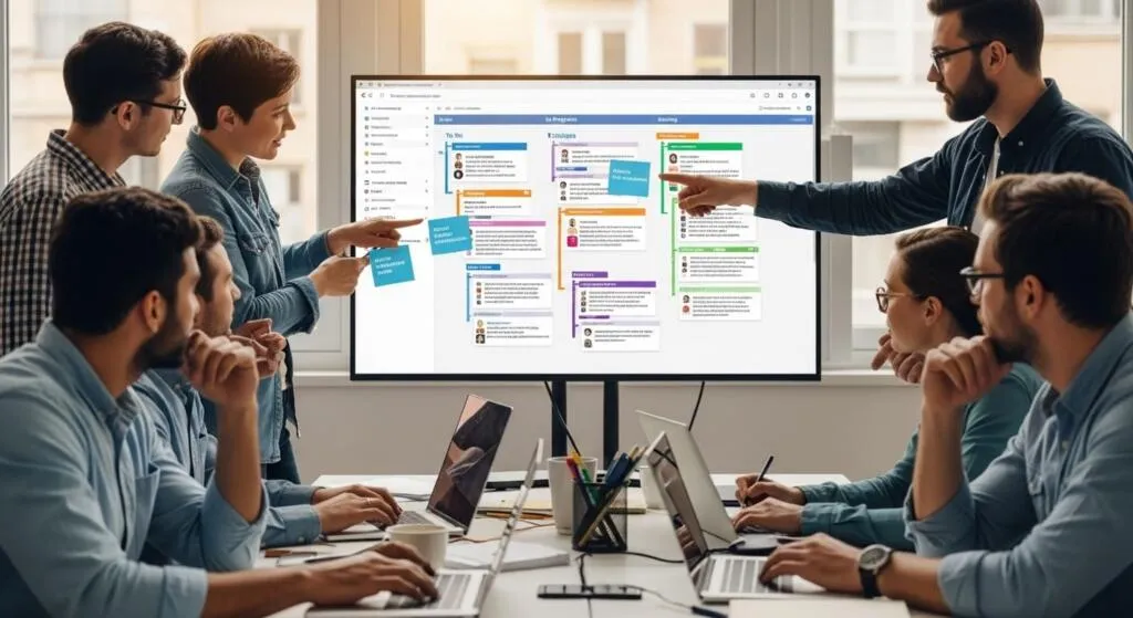 Developers using agile sprint board to manage tasks