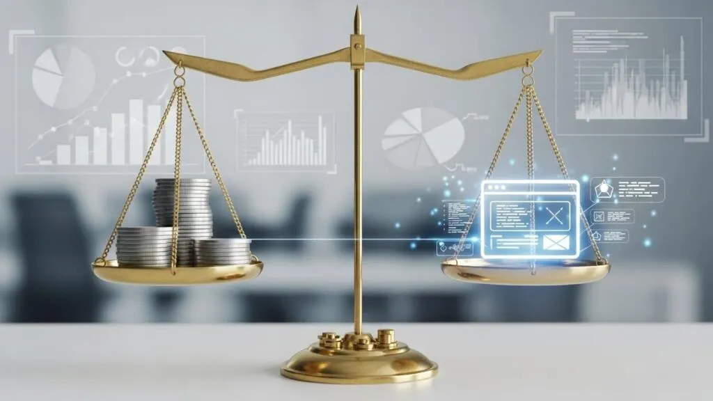 A balanced scale symbolizing the harmony between cost and quality in budget-friendly web portal development.
