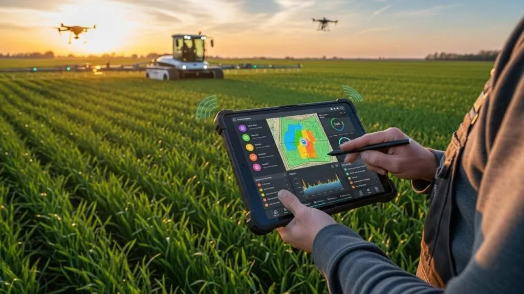 Farmer using crop management automation tools on a mobile device in the field