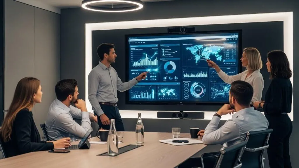 Team analyzing data visualizations on a large screen during a meeting.