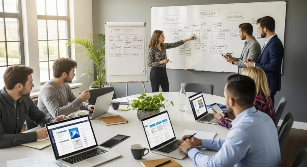 Software team planning a development project on a whiteboard