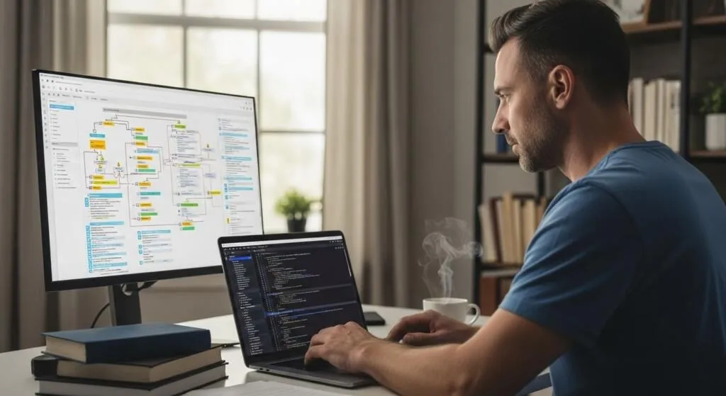 Developer reviewing software tasks and code during project execution