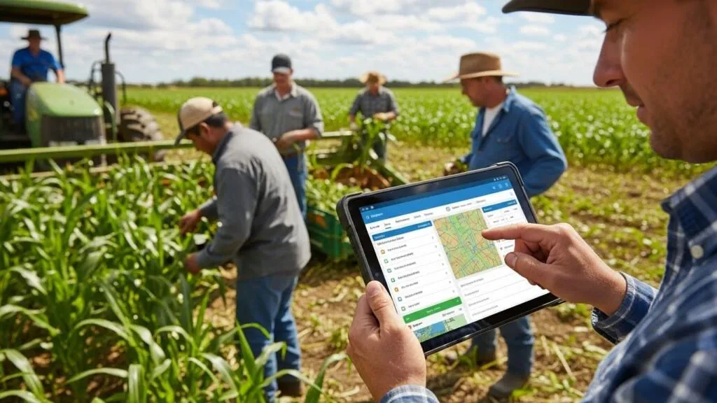 Field workers logging activities using farm operation automation software