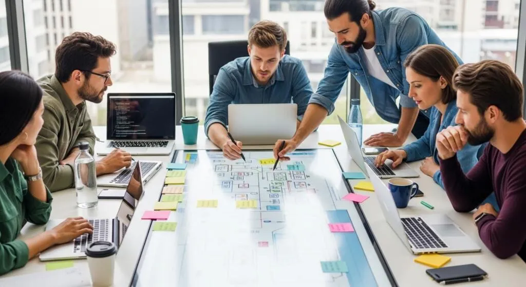 Software team planning a project roadmap together