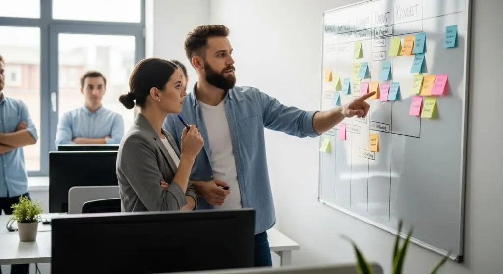 Agile team reviewing tasks in a project management board
