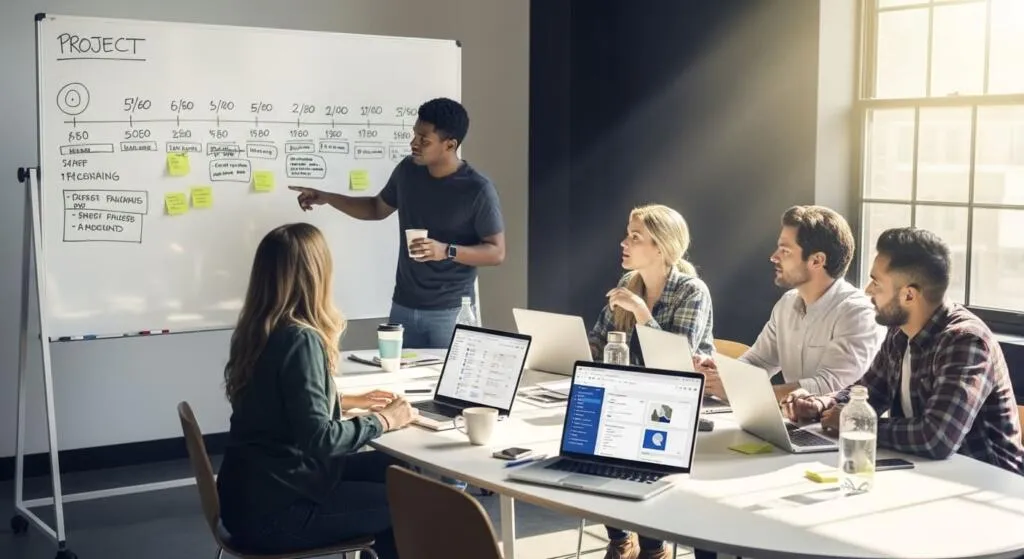 Small business team planning a software project with a timeline on a whiteboard