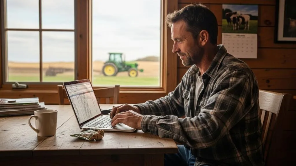 Small farm operator using small farm automation software to manage daily tasks