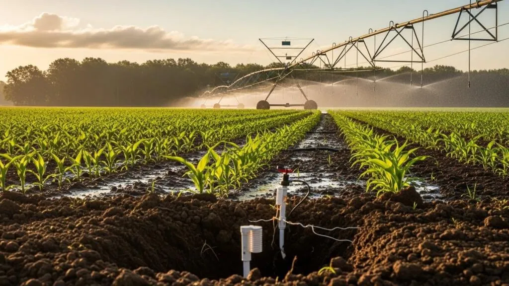Soil moisture sensors connected to small farm automation software in a crop field