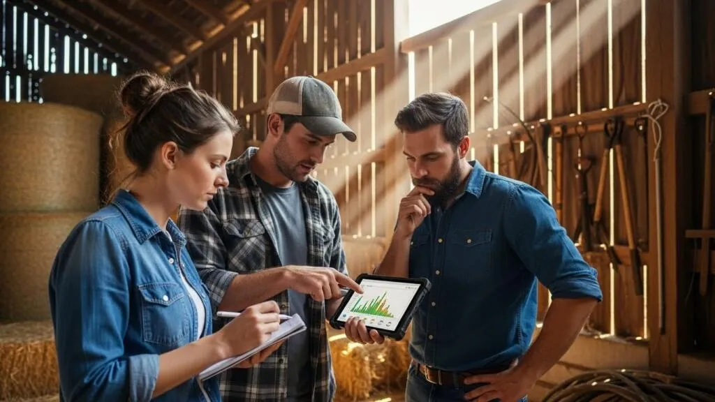 Small farm team reviewing data from automated farm management software
