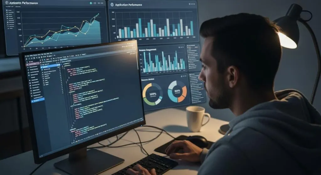 Developer reviewing code and performance metrics