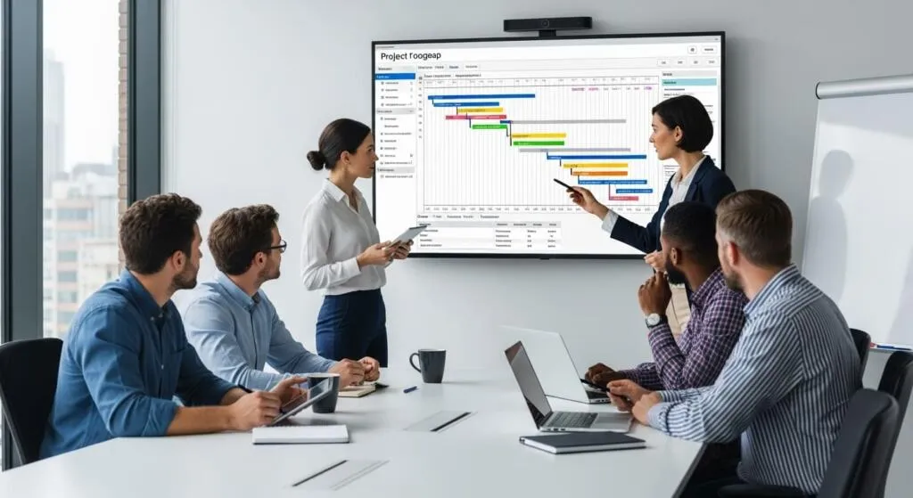 Small software team reviewing a project roadmap together