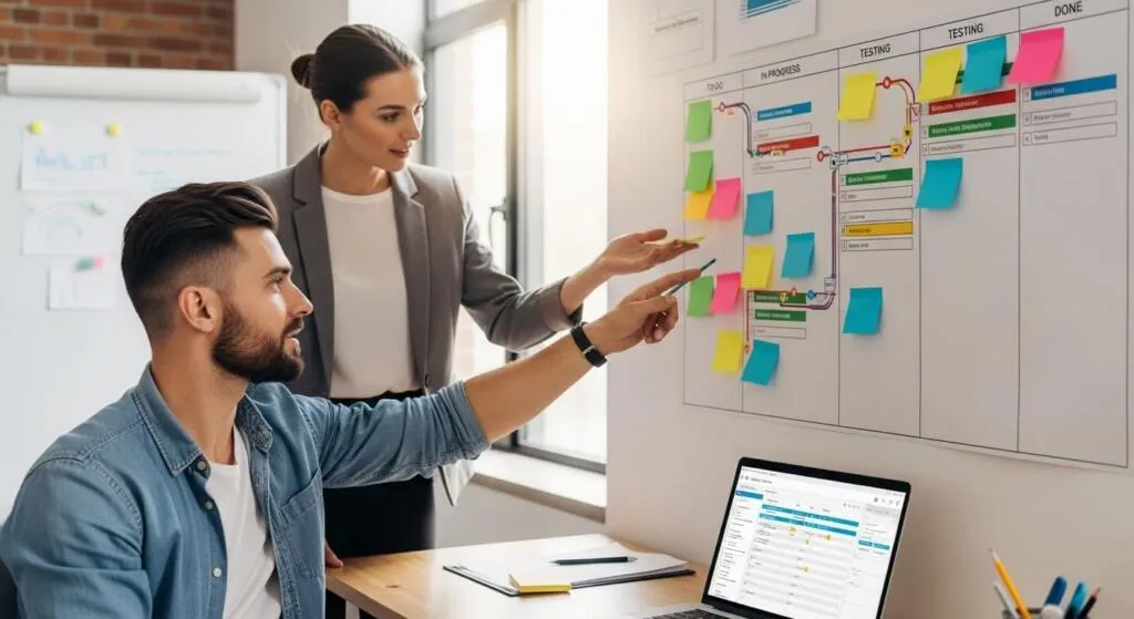Developer and project manager tracking tasks on a Kanban board
