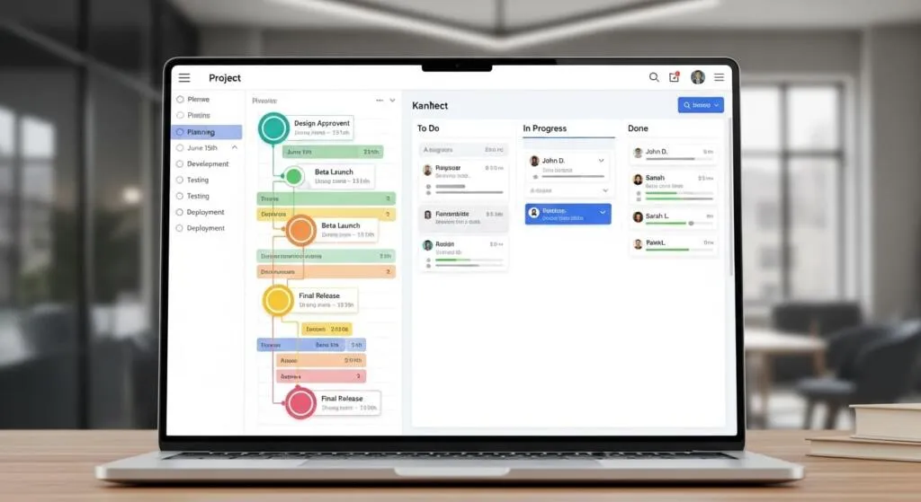 Software project timeline with tasks and milestones on a planning board