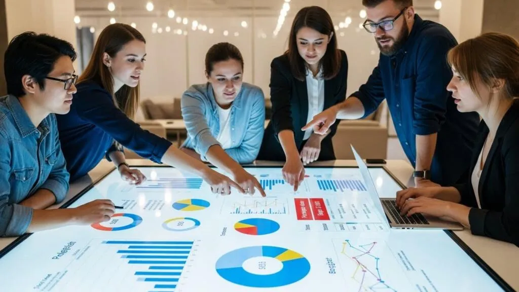 Team planning software project with cost-saving strategies and charts on screen