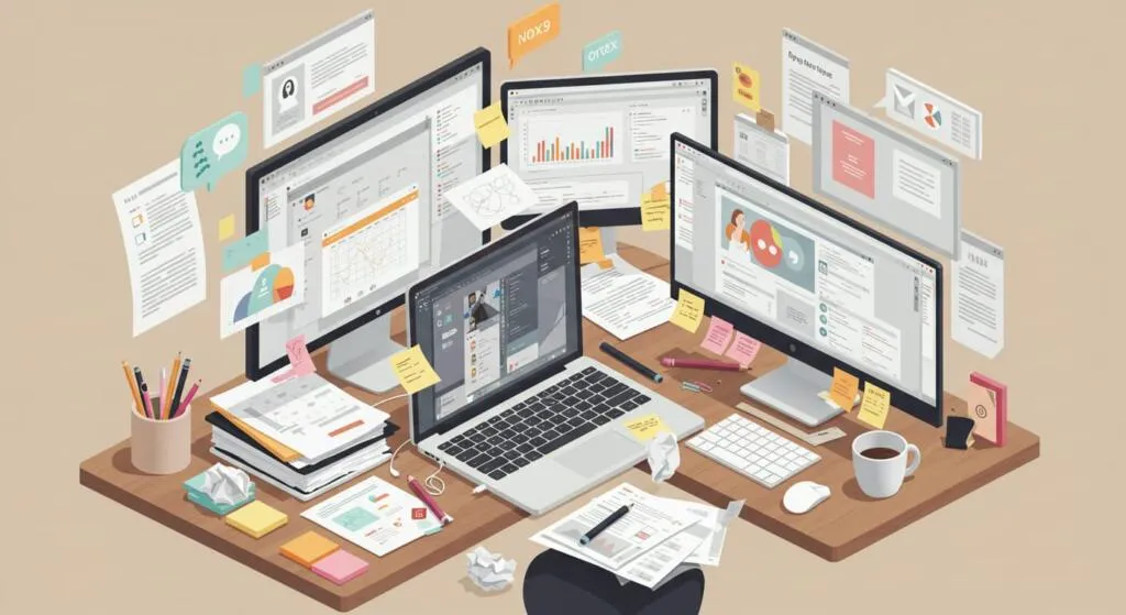Cluttered desk with multiple apps, emails, spreadsheets, and files open, illustrating fragmented workflows.