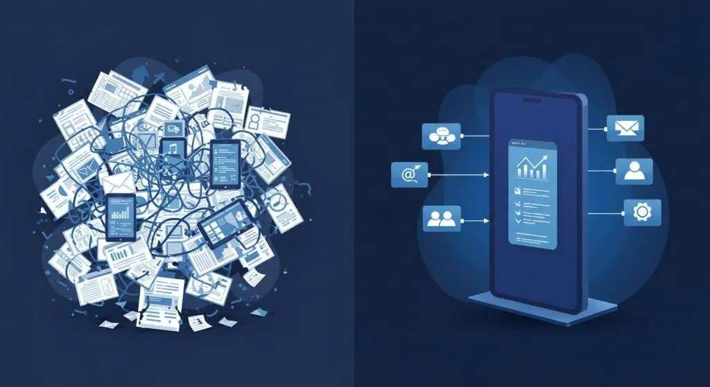 Comparison of a messy, disconnected workflow with spreadsheets and emails versus a streamlined process inside a single web portal.