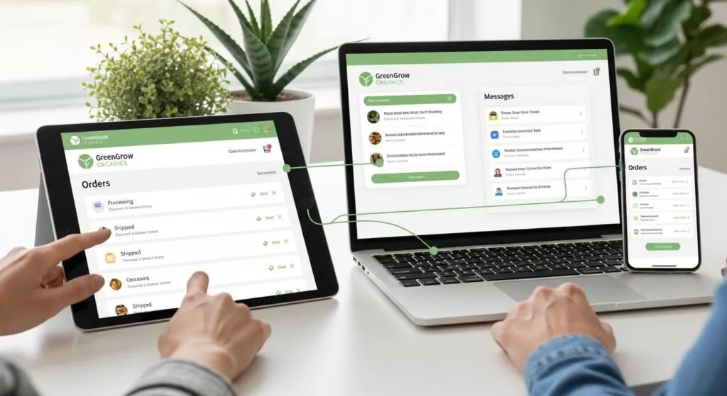 Customer interacting with a business portal on laptop and smartphone